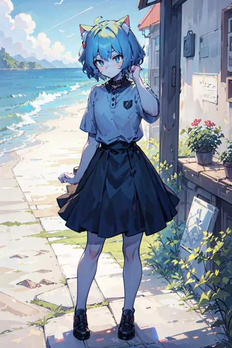 sima, blue skin color, cat ears, boy, man, standing, adjusting her collar, beach,
(masterpiece,detailed,highres), <lora:Sima_0.21:0.8>