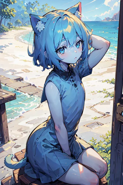 sima, blue skin color, cat ears, boy, man, sitting, arms behind her head, beach,
(masterpiece,detailed,highres), <lora:Sima_0.21:0.8>