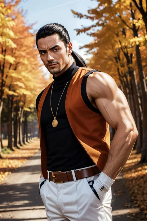 RobertKOF, man, black hair, ponytail, orange vest, black turtleneck, sleeveless shirt, white pants, belt, medallion, fingerless gloves, looking serious, smirk,
standing, outside, trees, field, autumn, extreme detail, hdr, <lora:RobertGarcia-DocStasis:.8>