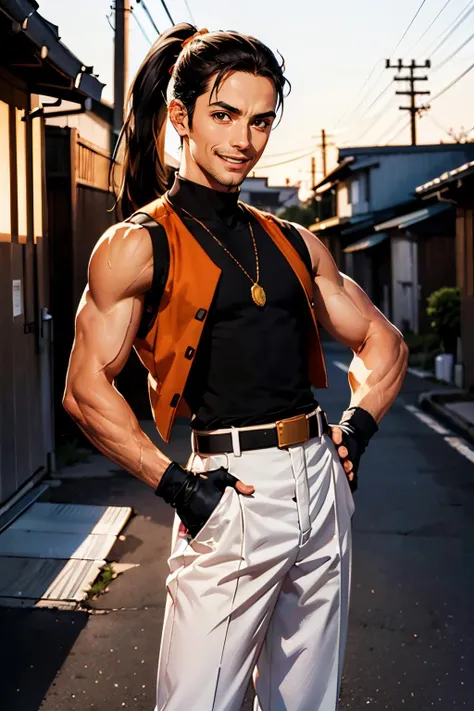 RobertKOF, man, black hair, ponytail, orange vest, black turtleneck, sleeveless shirt, white pants, belt, medallion, shoes, fingerless gloves, looking at viewer, smiling, happy,
standing, hands on hips, outside, neighborhood, japan alley, dusk, twilight sky, extreme detail, masterpiece, beautiful quality,
<lora:RobertGarcia-DocStasis:.8>