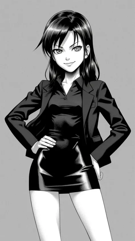 masterpiece, best quality, film grain, (monochrome:1.1), greyscale, 
cowboy shot, cropped legs, action pose, hands on hips, stylish pose, looking at viewer, smirk, mischievous eyes, 
25yo, solo, katsuragi_misato, medium breasts, mature female,
pencil skirt, open jacket, collared shirt, miniskirt, tight dress, 
<lyco:40010 1-GO (Shimanto Shisakugata) [v1.0] by xikim:1.0>