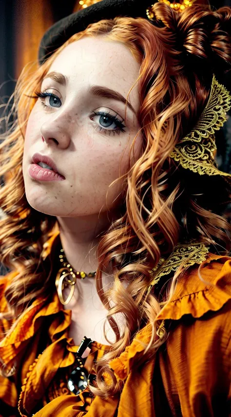 Freya Mavor, tiktok girl, (from_behind:1.3) (lying:1.2) redhead , wavy_hair , victorian era , orange (open shirt) , on ramparts , jewelry, (full_body:1.4), (realistic:1.4), masterpiece, high quality, realistic lighting, center of frame, 8k, hdr, amateur, face scar <lora:Freya-Mavor-v10:0.7>