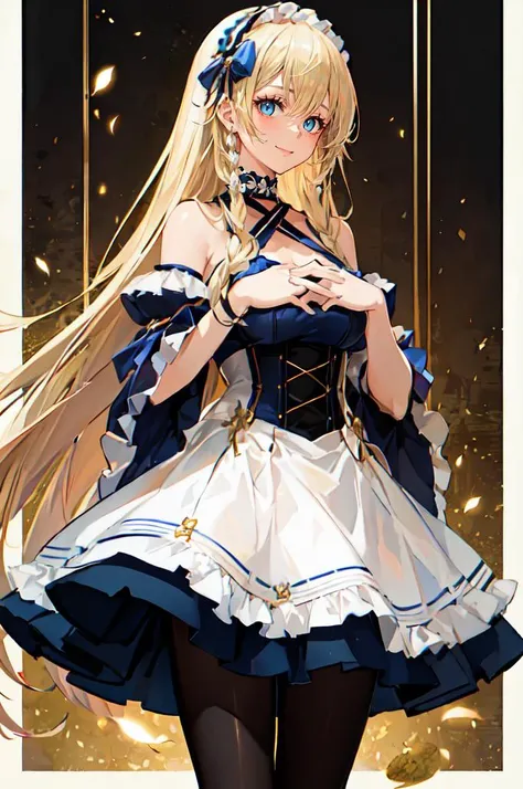 ultra detailed, masterpiece, best quality,
solo, cowboy shot, soft smile, light smile, praying, own hands together, hands on own chest,
1girl, blue eyes, very long hair, blonde hair, long blonde hair, french braid, bangs, medium breasts,
hair ribbon, frilled choker, criss-cross halter, sleeveless dress, high-waist skirt, backless dress, waist bow, detached sleeves, frilled sleeves, wide sleeves, pantyhose, patterned legwear, mary janes, <lora:Dishwasher-Test2-Vae-dampened:0.75> dishwasher1910,