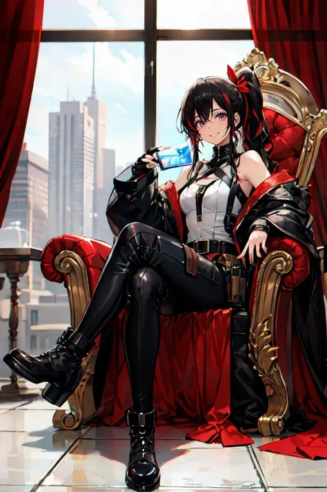 <lora:Dishwasher-Style-v2:1>, ultra detailed, masterpiece, best quality, solo, smug smile, sitting, crossed legs, throne room, red banner, 1girl, purple eyes, red-framed eyewear, (black hair, red colored tips:1.2), red streaked hair, very long hair, side ponytail, tied hair, medium breasts, coat on shoulders, red dress, sleeves rolled up, fingerless gloves, holster, belt, multiple belts, combat boots, bulletproof vest, pants, black coat, tactical clothes,