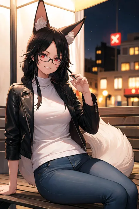 1girl, solo, sidelocks, twinbraids, black hair, red eyes, smug, smirk, glasses, sitting, bench, partk, at night, long hair, white sweater,( leather jacket, black jacket:1.2), fox girl, fox ears, fox tail, jeans, black tail, skindentation, <lora:Dishwasher-Style-v2-000016:1>