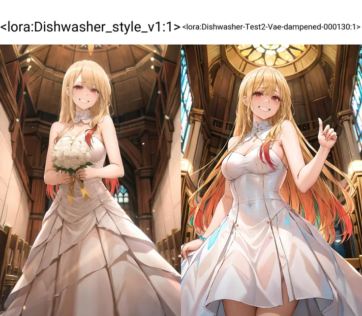 masterpiece, best quality, highres, kitagawa marin, 1girl, blonde hair, long hair, multicolored hair, red eyes, wedding dress, in a chapel, dynamic lights, <lora:kitagawa_marin_v1-1:0.7>, grin, smile, joy, tears in eyes, standing, cowboy shot, <lora:Dishwasher_style_v1:1>