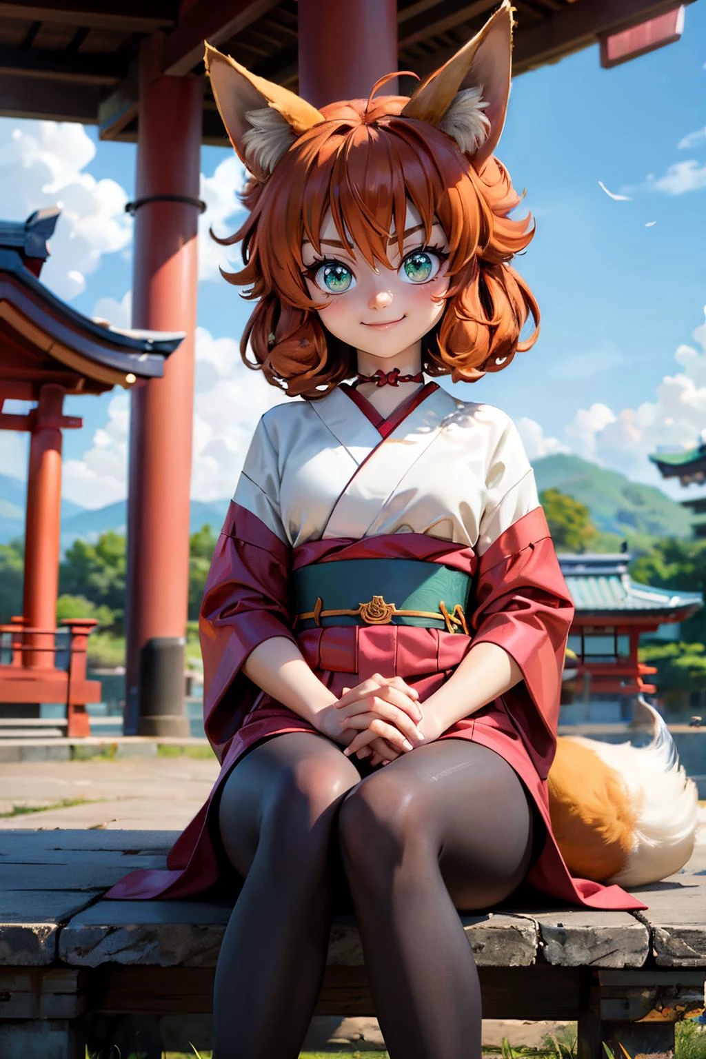 koto, animal ears, fox ears, green eyes, whiskers, fox tail, wearing traditional kimono, sash, long sleeves, looking at viewer, serious, smiling, sitting, on chair, under gazebo, red torii, shrine, blue sky, high quality, masterpiece, <lora:koto:.8>