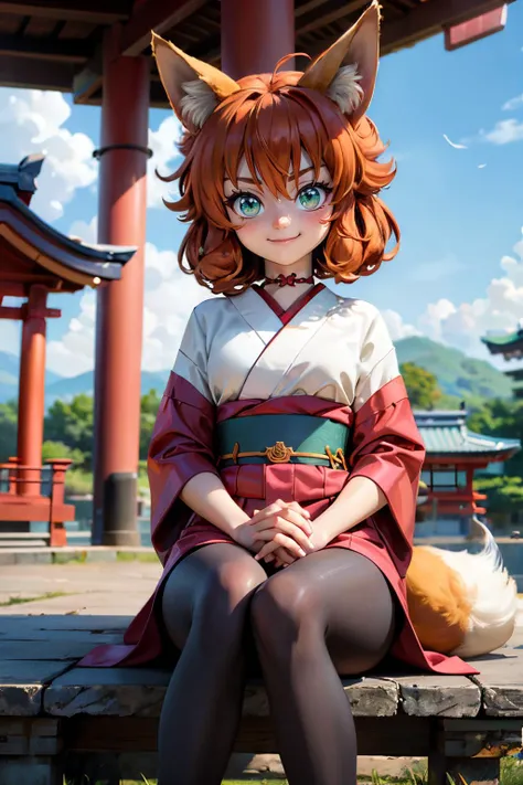 koto, animal ears, fox ears, green eyes, whiskers, fox tail, wearing traditional kimono, sash, long sleeves, looking at viewer, serious, smiling, sitting, on chair, under gazebo, red torii, shrine, blue sky,  high quality, masterpiece,  <lora:koto:.8>