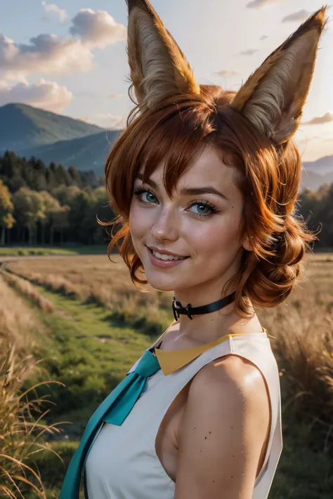 koto, animal ears, fox ears, fox tail, green eyes, wristband, orange hair, choker, whisker, shirt, sleeveless, necktie, looking at viewer, smiling, close up, outside, field, trees, dusk sunset, mountain,high quality, masterpiece, <lora:koto:.8>