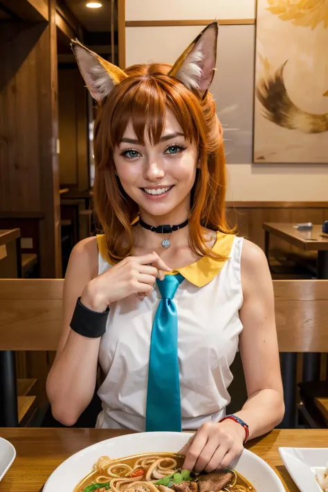 koto, animal ears, fox ears, fox tail, green eyes, wristband, orange hair, choker, whisker, shirt, sleeveless, necktie, looking at viewer, smiling, teeth, sitting, behind a table, inside japanese restaurant, table full of food, ramen,high quality, masterpiece, <lora:koto:.8>