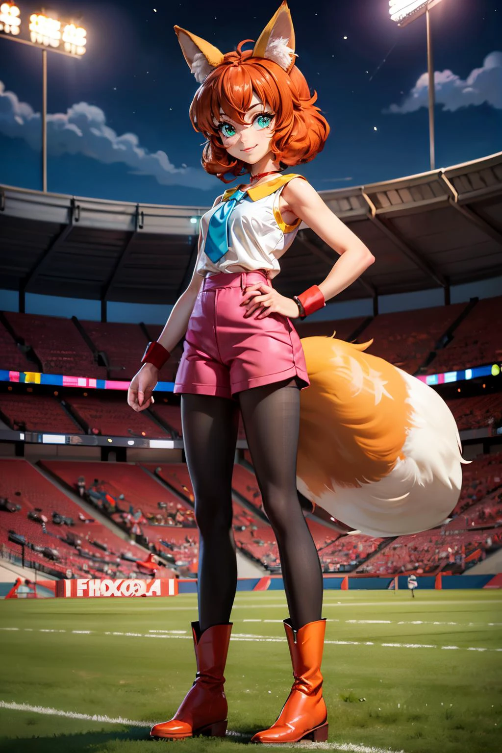 koto, animal ears, fox ears, green eyes, pink shorts, wristband, legwear under shorts, orange hair, red boots, black pantyhose, choker, whisker, shirt, sleeveless, necktie, looking at viewer, smiling, standing, full body shot, inside stadium, bleachers, night time, bright lighting, high quality, masterpiece, <lora:koto:.8>