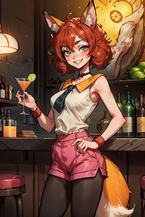 koto, animal ears, fox ears, green eyes, pink shorts, wristband, legwear under shorts, orange hair, black pantyhose, choker, whisker, shirt, sleeveless, necktie, looking at viewer, smiling, teeth, standing, inside bar, holding martini glass full of lime juice, counter, neon lighting, high quality, masterpiece, <lora:koto:.8>