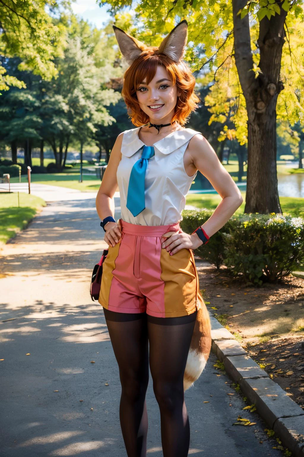 koto, animal ears, fox ears, fox tail, green eyes, pink shorts, wristband, legwear under shorts, orange hair, black pantyhose, choker, whisker, shirt, sleeveless, necktie, looking at viewer, smiling, standing, hands on hips, outside, park, trees, lake, sunlight, high quality, masterpiece, <lora:koto:.8>