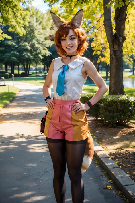 koto, animal ears, fox ears, fox tail, green eyes, pink shorts, wristband, legwear under shorts, orange hair,  black pantyhose, choker, whisker, shirt, sleeveless, necktie, looking at viewer, smiling, standing, hands on hips, outside, park, trees, lake, sunlight, high quality, masterpiece, <lora:koto:.8>