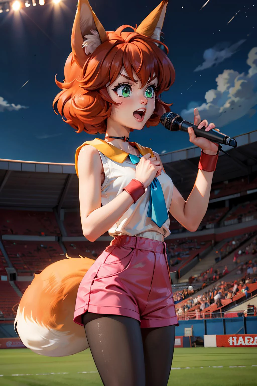 koto, animal ears, fox ears, green eyes, pink shorts, wristband, legwear under shorts, orange hair, black pantyhose, choker, whisker, shirt, sleeveless, necktie, looking serious, happy, yelling, holding microphone, inside stadium, bleachers, night time, bright lighting, high quality, masterpiece, <lora:koto:.8>