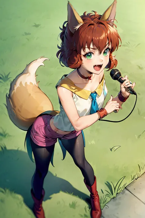 masterpiece, best quality, <lora:koto:1>,1girl, solo, animal ears, pantyhose, microphone, tail, green eyes, shorts, open mouth, fangs, pink shorts, wristband, legwear under shorts, orange hair, singing, boots, holding microphone, fang, holding, standing, grass, looking at viewer, black pantyhose, choker, whiskers, shadow, shirt, smile, full body, from above, fox ears, red footwear,  sleeveless, cat ears, necktie