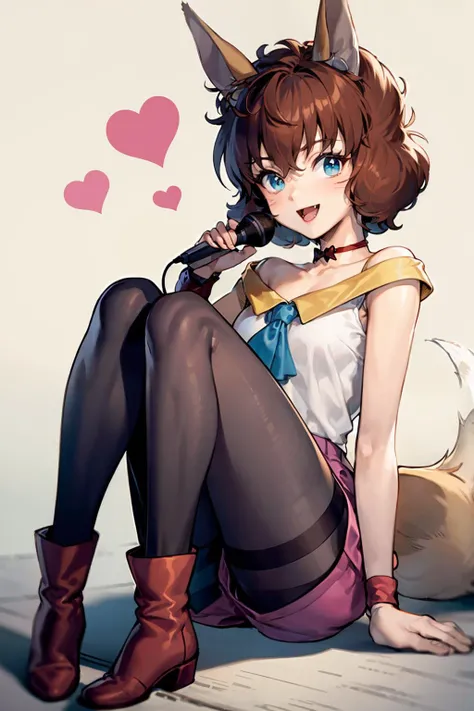 masterpiece, best quality, <lora:koto:1>,1girl, solo, pantyhose, microphone, animal ears, blue eyes, tail, brown hair, fox ears, heart, fox tail, short hair, shorts, open mouth, smile, legwear under shorts, black pantyhose, boots, wristband, choker, sitting