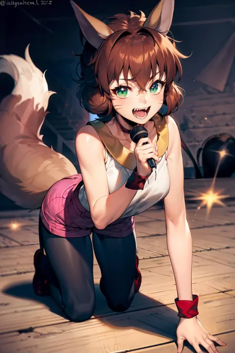 masterpiece, best quality, <lora:koto:1>,1girl, animal ears, microphone, solo, whiskers, tail, brown hair, shorts, green eyes, wristband, teeth, pantyhose, open mouth, fangs, sharp teeth, holding microphone, short hair, smile, red footwear, cat ears, looking at viewer, holding, slit pupils, twitter username, cat tail, sleeveless, all fours, fox ears, pink shorts, tail wagging, black pantyhose, hair between eyes, artist name, fox tail