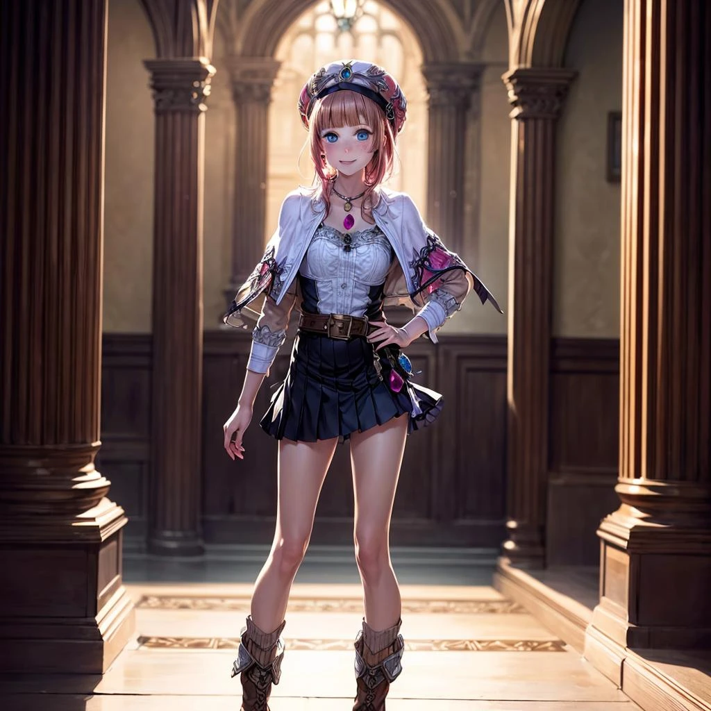 8k, 4k, intricate details, cinematic lighting, stunning environment, ornate, (realistic:1.1), detailed face, detailed eyes, detailed shadows, 1girl, (atelier series:1.1), belt, blue eyes, blush, boots, brown hair, capelet, hat, jewelry, short hair, necklace, shirt, skirt, smile, solo, <lora:CHA_Rorona:1>, <lora:1_ADD_Detail:1>, full body