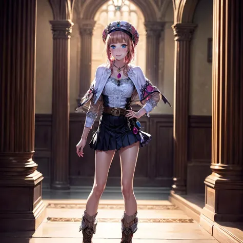 8k, 4k, intricate details, cinematic lighting, stunning environment, ornate, (realistic:1.1), detailed face, detailed eyes, detailed shadows, 1girl, (atelier series:1.1), belt, blue eyes, blush, boots, brown hair, capelet, hat, jewelry, short hair, necklace, shirt, skirt, smile, solo, <lora:CHA_Rorona:1>,  <lora:1_ADD_Detail:1>, full body