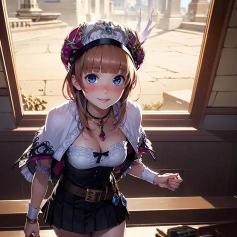 8k, 4k, intricate details, cinematic lighting, stunning environment, ornate, (realistic:1.1), detailed face, detailed eyes, detailed shadows, 1girl, (atelier series:1.1), belt, blue eyes, blush, boots, brown hair, capelet, hat, jewelry, short hair, necklace, shirt, skirt, smile, solo, <lora:CHA_Rorona:1>