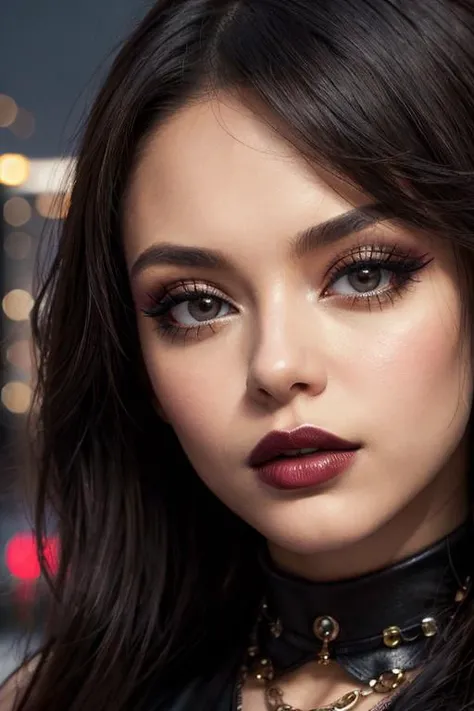 Urban Glamour, a close-up-portrait that blends urban grit with glamour, a-beautiful-and-cute-skinny-21yo-female, ultra-detailed-chiseled-face, dark-detailed-eyes, bold makeup and a fierce expression, a backdrop of city lights, sense of drama and sophistication , (best-quality , masterpiece , photo-realistic)1.2