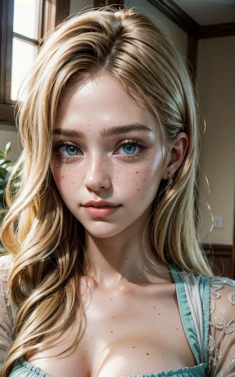 high quality,instagram selfie, upper body, a beautiful 18 year old woman, with top, busty, slight smile, detailed face and eyes, natural lighting, at home, long blond hair, low contrast, natural face, freckles, brunette hair, green eyes, portrait: 1.1, 8k,4k