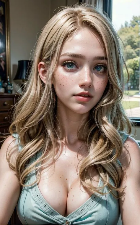 high quality,instagram selfie, upper body, a beautiful 18 year old woman, with top, busty, slight smile, detailed face and eyes, natural lighting, at home, long blond hair, low contrast, natural face, freckles, brunette hair, green eyes, portrait: 1.1, 8k,4k