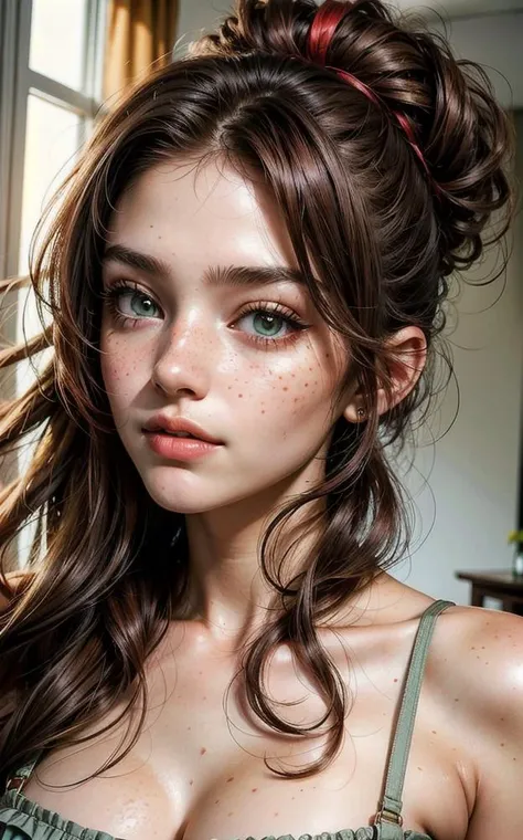 high quality,instagram selfie, upper body, a beautiful 18 year old woman, with top, busty, black hair, slight smile, detailed face and eyes, natural lighting, at home, long red hair, low contrast, natural face, freckles, brunette hair, green eyes, portrait: 1.1, 8k,4k