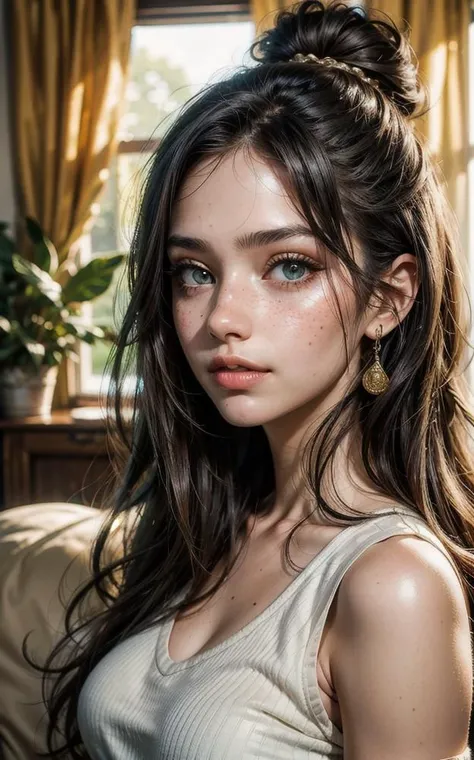 high quality,instagram selfie, upper body, a beautiful 18 year old woman, with top, busty, black hair, slight smile, detailed face and eyes, natural lighting, at home, long blond hair, low contrast, natural face, freckles, brunette hair, green eyes, portrait: 1.1, 8k,4k