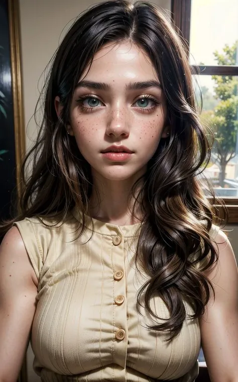 high quality,instagram selfie, upper body, a beautiful 18 year old woman, with top, busty, black hair, slight smile, detailed face and eyes, natural lighting, at home, long blond hair, low contrast, natural face, freckles, brunette hair, green eyes, portrait: 1.1, 8k,4k
