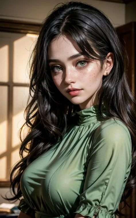 high quality, upper body, a beautiful 24 year old woman, with silk top, big busty, slight smile, detailed face and eyes, natural lighting, at home, long black hair, low contrast, natural face, freckles, brunette hair, green eyes, portrait: 1.1, 8k,4k