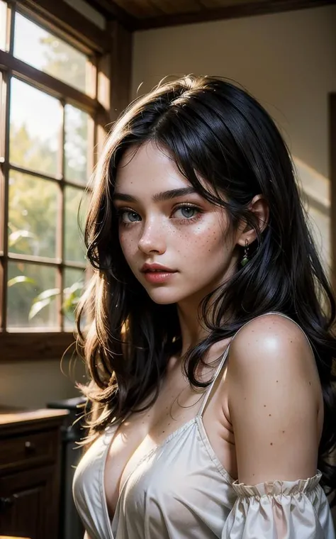 high quality, upper body, a beautiful 24 year old woman, with silk top, big busty, slight smile, detailed face and eyes, natural lighting, at home, long black hair, low contrast, natural face, freckles, brunette hair, green eyes, portrait: 1.1, 8k,4k