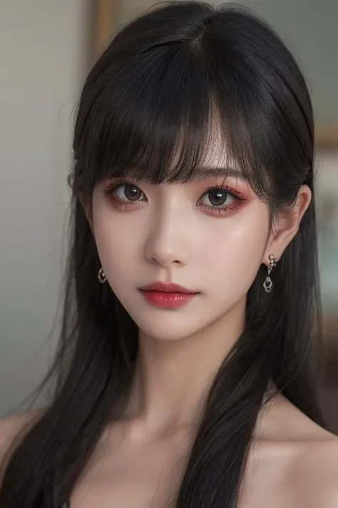 Best quality, masterpiece, ultra high res, (photorealistic:1.4),1girl, solo, jewelry, black hair, earrings, looking at viewer, black eyes, portrait, makeup, lips, realistic, long hair, <lora:wendy:0.8>