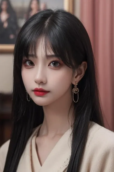 Best quality, masterpiece, ultra high res, (photorealistic:1.4),1girl, solo, jewelry, black hair, earrings, looking at viewer, black eyes, portrait, makeup, lips, realistic, long hair, <lora:wendy:0.8>