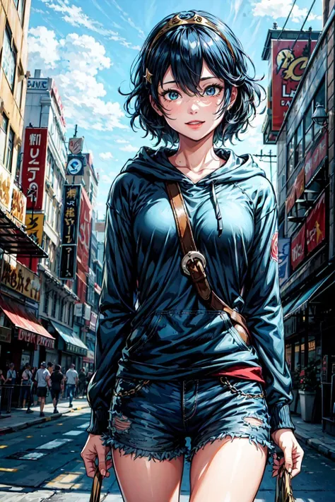 ((masterpiece)), (looking at viewer:1.1), (cowboy_shot:1.2), las vegas, casino, day, clouds
BREAK
1girl, dark blue hair, [long_hair|short_hair], tiara, <lora:EPfeLucina:0.8>, EPfeLucina, lucina_\(fire_emblem\),  happy, smile,
BREAK
 iridescence hoodie, denim shorts, star hair ornament