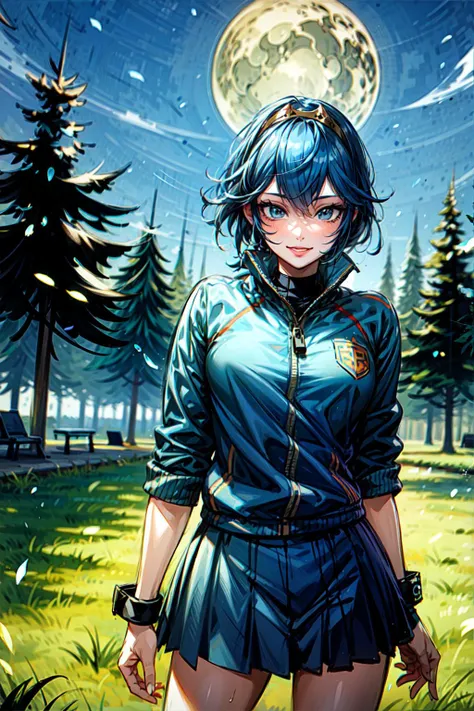 ((masterpiece)), (looking at viewer:1.1), (cowboy_shot:1.2), grass, night, full moon
BREAK
1girl, blue_hair, [long_hair|short_hair], tiara, <lora:EPfeLucina:0.8>, EPfeLucina, happy, smile,
BREAK
 track jacket, pleated skirt, arm strap