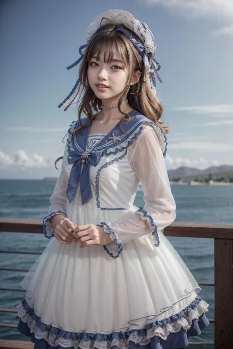 (realistic:1.3), finely detailed, quality, rembrandt lighting, (masterpiece:1.2), (photorealistic:1.2), (best quality), (detailed skin:1.3), (intricate details), dramatic, ray tracing, 1girl, japanese girl, 21 years old, detailed skin texture, (blush:0.5), (goosebumps:0.5), subsurface scattering, smiling, medium breasts, long hair curls, bangs, hair between eyes, headdress, hair bow, choker, ribbon, bow, white dress, long dress, lace, frills, long sleeves, qhxc \(manaka nemu\), cowboy shot, (arms at side:1.2), (strolling, bright sunny day, outdoors, sky, seaside), <lora:Dress No.11 V3 qhxc:0.8>