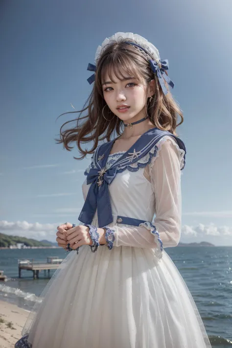 (realistic:1.3), finely detailed, quality, rembrandt lighting, (masterpiece:1.2), (photorealistic:1.2), (best quality), (detailed skin:1.3), (intricate details), dramatic, ray tracing, 1girl, japanese girl, 21 years old, detailed skin texture, (blush:0.5), (goosebumps:0.5), subsurface scattering, smiling, medium breasts, long hair curls, bangs, hair between eyes, headdress, hair bow, choker, ribbon, bow, white dress, long dress, lace, frills, long sleeves, qhxc \(manaka nemu\), cowboy shot, (arms at side:1.2), (strolling, bright sunny day, outdoors, sky, seaside), <lora:Dress No.11 V3 qhxc:0.8>