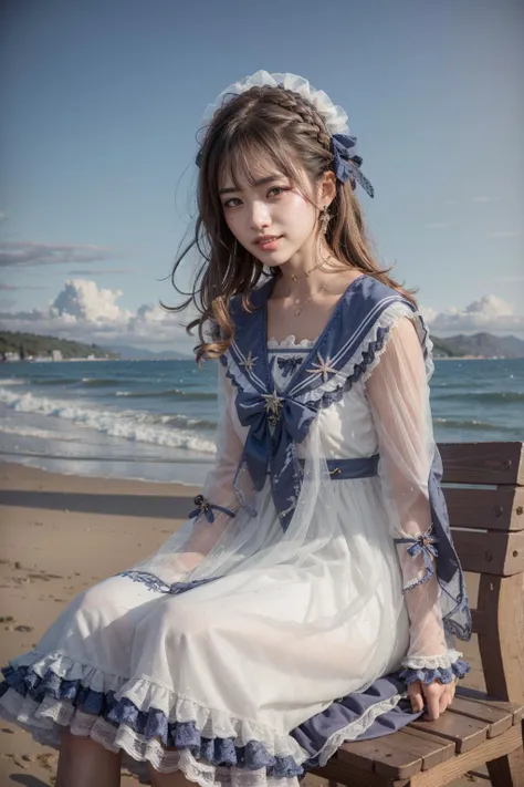 (realistic:1.3), finely detailed, quality, rembrandt lighting, (masterpiece:1.2), (photorealistic:1.2), (best quality), (detailed skin:1.3), (intricate details), dramatic, ray tracing, 1girl, japanese girl, 21 years old, detailed skin texture, (blush:0.5), (goosebumps:0.5), subsurface scattering, smiling, medium breasts, long hair curls, bangs, hair between eyes, headdress, hair bow, choker, ribbon, bow, white dress, long dress, lace, frills, long sleeves, qhxc \(manaka nemu\), cowboy shot, sitting, chair, (arms at side:1.2), (strolling, bright sunny day, outdoors, sky, seaside), <lora:Dress No.11 V3 qhxc:0.8>