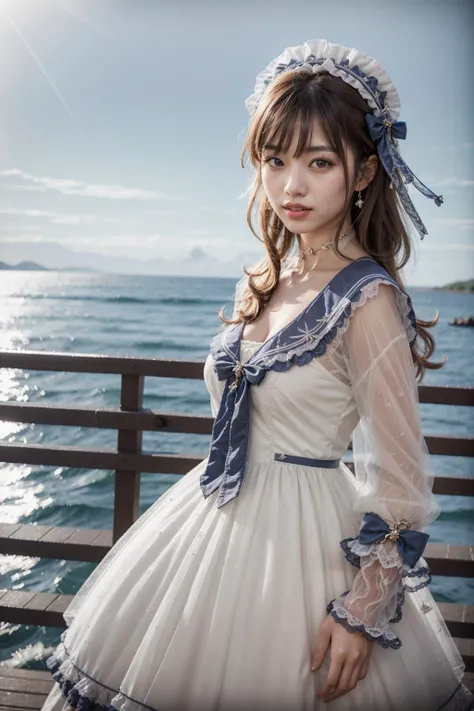 (realistic:1.3), finely detailed, quality, rembrandt lighting, (masterpiece:1.2), (photorealistic:1.2), (best quality), (detailed skin:1.3), (intricate details), dramatic, ray tracing, 1girl, japanese girl, 21 years old, detailed skin texture, (blush:0.5), (goosebumps:0.5), subsurface scattering, smiling, medium breasts, long hair curls, bangs, hair between eyes, headdress, choker, ribbon, bow, white dress, long dress, lace, frills, long sleeves, qhxc \(manaka nemu\), cowboy shot, (arms at side:1.2), (strolling, bright sunny day, outdoors, sky, seaside), <lora:Dress No.11 V3 qhxc:0.8>