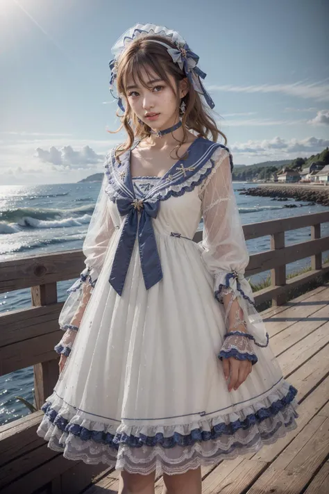(realistic:1.3), finely detailed, quality, rembrandt lighting, (masterpiece:1.2), (photorealistic:1.2), (best quality), (detailed skin:1.3), (intricate details), dramatic, ray tracing, 1girl, japanese girl, 21 years old, detailed skin texture, (blush:0.5), (goosebumps:0.5), subsurface scattering, smiling, medium breasts, long hair curls, bangs, hair between eyes, headdress, hair bow, choker, ribbon, bow, white dress, long dress, lace, frills, long sleeves, qhxc \(manaka nemu\), cowboy shot, (arms at side:1.2), (strolling, bright sunny day, outdoors, sky, seaside), <lora:Dress No.11 V3 qhxc:0.8>