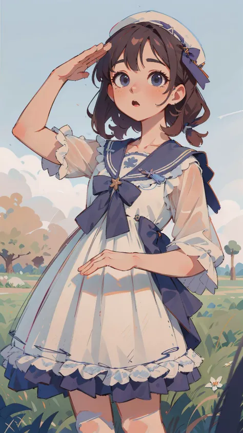 best quality, ultra high res, (photorealistic:1.4), masterpiece, highres, original, extremely detailed wallpaper,
lawn, sky,
1girl, solo, qhxc \(manaka nemu\), white dress,
straight-arm salute, <lora:è´é¢neg4all_bdsqlsz:0.8>,