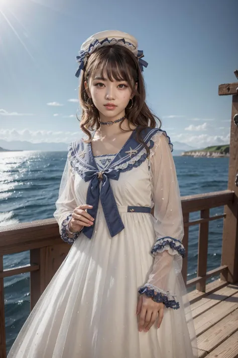 (realistic:1.3), finely detailed, quality, rembrandt lighting, (masterpiece:1.2), (photorealistic:1.2), (best quality), (detailed skin:1.3), (intricate details), dramatic, ray tracing, 1girl, japanese girl, 21 years old, detailed skin texture, (blush:0.5), (goosebumps:0.5), subsurface scattering, smiling, medium breasts, long hair curls, bangs, hair between eyes, hat, choker, ribbon, bow, white dress, long dress, lace, frills, long sleeves, qhxc \(manaka nemu\), cowboy shot, (arms at side:1.2), (strolling, bright sunny day, outdoors, sky, seaside), <lora:Dress No.11 V3 qhxc:0.8>