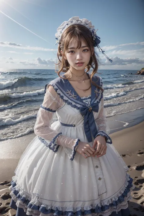 (realistic:1.3), finely detailed, quality, rembrandt lighting, (masterpiece:1.2), (photorealistic:1.2), (best quality), (detailed skin:1.3), (intricate details), dramatic, ray tracing, 1girl, japanese girl, 21 years old, detailed skin texture, (blush:0.5), (goosebumps:0.5), subsurface scattering, smiling, medium breasts, long hair curls, bangs, hair between eyes, headdress, hair bow, choker, ribbon, bow, white dress, long dress, lace, frills, long sleeves, qhxc \(manaka nemu\), cowboy shot, wariza on sand, (arms at side:1.2), (bright sunny day, outdoors, sky, seaside), <lora:Dress No.11 V3 qhxc:0.8>