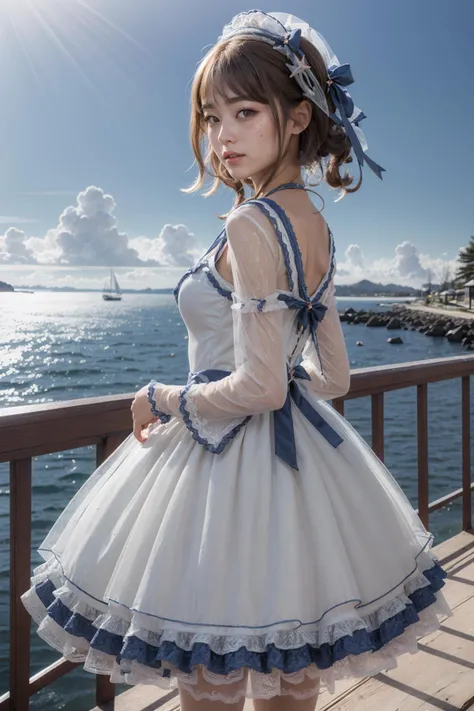 (realistic:1.3), finely detailed, quality, rembrandt lighting, (masterpiece:1.2), (photorealistic:1.2), (best quality), (detailed skin:1.3), (intricate details), dramatic, ray tracing, 1girl, japanese girl, 21 years old, detailed skin texture, (blush:0.5), (goosebumps:0.5), subsurface scattering, smiling, medium breasts, long hair curls, bangs, hair between eyes, hair ornament, ribbon, dress, long dress, bow, long sleeves, lace, frills, see-through, qhxc, qhxc \(manaka nemu\), cowboy shot, (arms at side:1.2), (bright sunny day, outdoors, sky, seaside), <lora:Dress No.11 V2.4 qhxc:0.6>