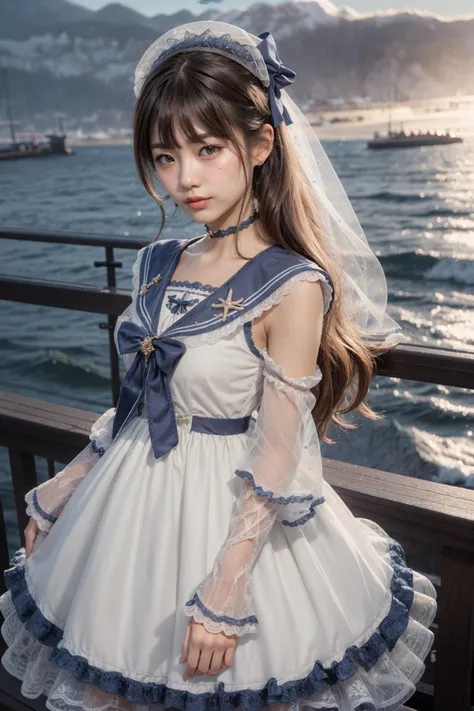 (realistic:1.3), finely detailed, quality, rembrandt lighting, (masterpiece:1.2), (photorealistic:1.2), (best quality), (detailed skin:1.3), (intricate details), dramatic, ray tracing, 1girl, japanese girl, 21 years old, detailed skin texture, (blush:0.5), (goosebumps:0.5), subsurface scattering, smiling, medium breasts, long hair curls, bangs, hair between eyes, hair ornament, ribbon, dress, long dress, bow, long sleeves, lace, frills, see-through, qhxc, qhxc \(manaka nemu\), cowboy shot, (arms at side:1.2), (bright sunny day, outdoors, sky, seaside),  <lora:Dress No.11 V2.4 qhxc:0.6>