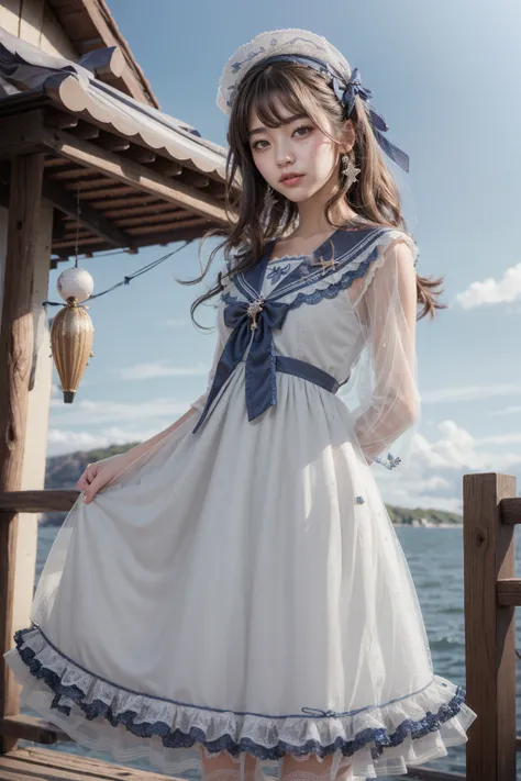 (realistic:1.3), finely detailed, quality, rembrandt lighting, (masterpiece:1.2), (photorealistic:1.2), (best quality), (detailed skin:1.3), (intricate details), dramatic, ray tracing, 1girl, japanese girl, 21 years old, detailed skin texture, (blush:0.5), (goosebumps:0.5), subsurface scattering, smiling, medium breasts, long hair curls, bangs, hair between eyes, hair ornament, ribbon, dress, long dress, bow, long sleeves, lace, frills, see-through, qhxc, qhxc \(manaka nemu\), cowboy shot, (arms at side:1.2), (bright sunny day, outdoors, sky, seaside),  <lora:Dress No.11 V2.4 qhxc:0.6>