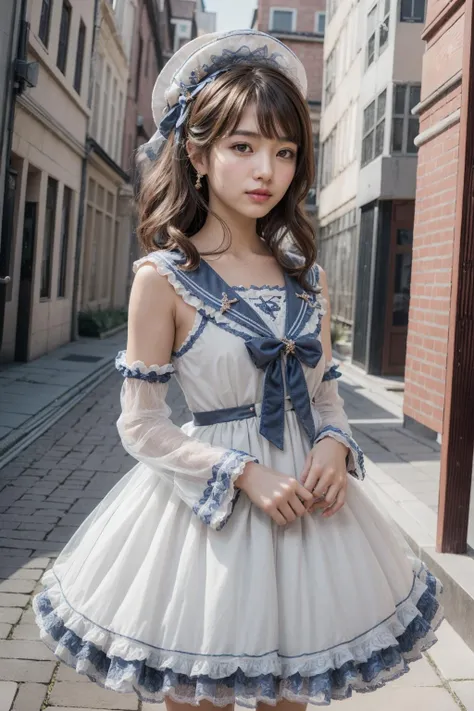 (realistic:1.3), finely detailed, quality, rembrandt lighting, (masterpiece:1.2), (photorealistic:1.2), (best quality), (detailed skin:1.3), (intricate details), dramatic, ray tracing, 1girl, japanese girl, 21 years old, detailed skin texture, (blush:0.5), (goosebumps:0.5), subsurface scattering, smiling, medium breasts, long hair curls, bangs, hair between eyes, hair ornament, ribbon, dress, long dress, bow, long sleeves, lace, frills, see-through, qhxc, qhxc \(manaka nemu\), cowboy shot, (arms at side:1.2), (bright sunny day, outdoors, sky, seaside), <lora:Dress No.11 V2.4 qhxc:0.6>
