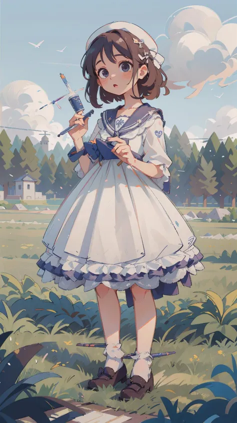 best quality, ultra high res, (photorealistic:1.4), masterpiece, highres, original, extremely detailed wallpaper, 
lawn, sky, 
1girl, solo, qhxc \(manaka nemu\), white dress, 
ï»¿holding syringe, <lora:è´é¢neg4all_bdsqlsz:0.8>,